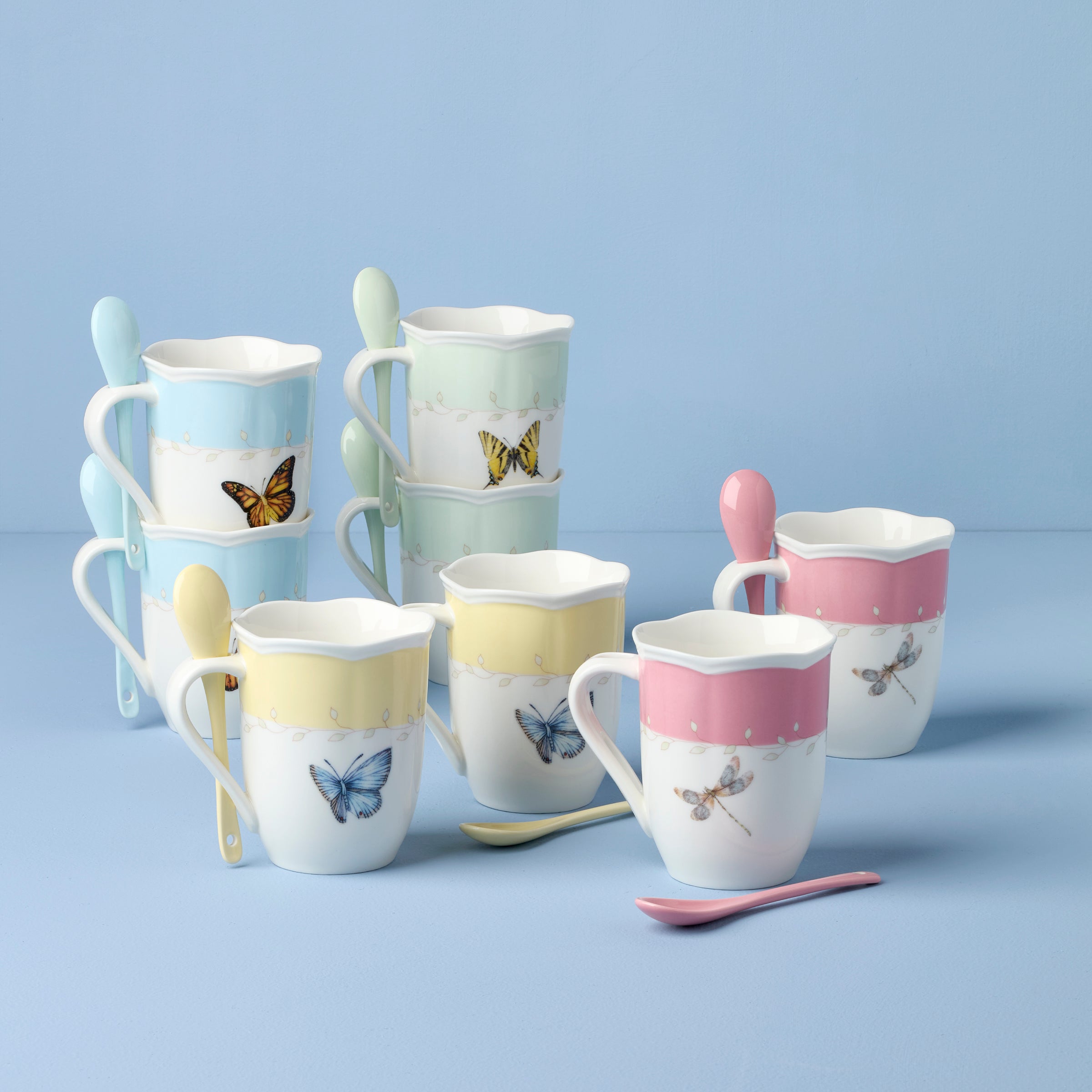 Butterfly Meadow Color Mugs With Spoons - Set of 8